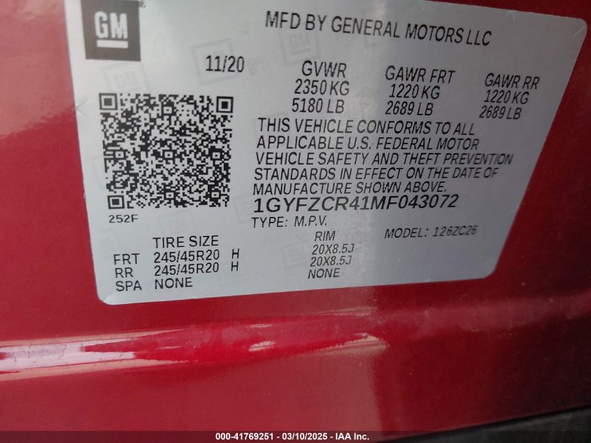 2021 Cadillac Xt4 Fwd Premium Luxury VIN: 1GYFZCR41MF043072 Lot: 41769251