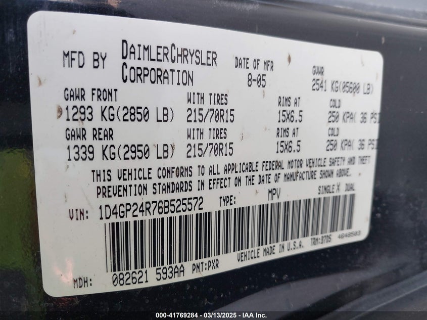 2006 Dodge Grand Caravan Se VIN: 1D4GP24R76B525572 Lot: 41769284