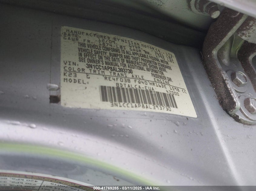 2010 NISSAN VERSA VIN: 3N1CC1AP8AL393730