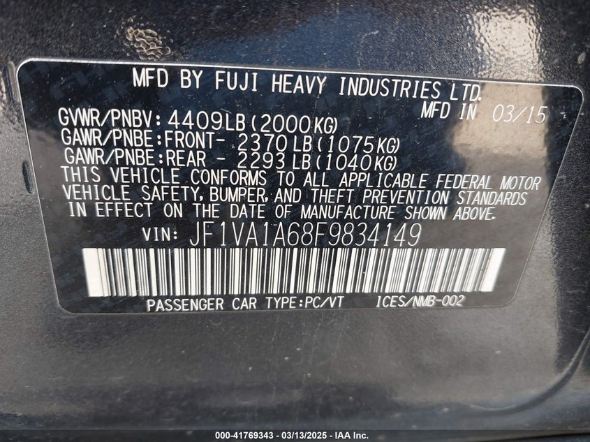 2015 SUBARU WRX VIN: JF1VA1A68F9834149