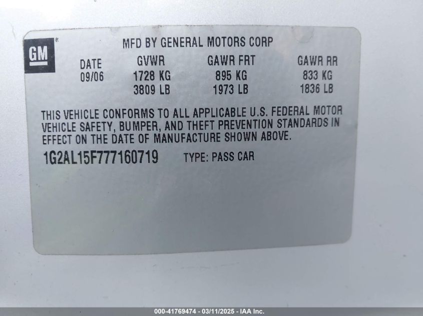 2007 Pontiac G5 VIN: 1G2AL15F777160719 Lot: 41769474