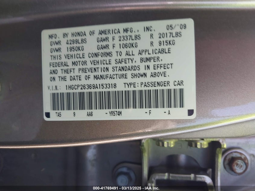 2009 HONDA ACCORD VIN: 1HGCP26369A153318