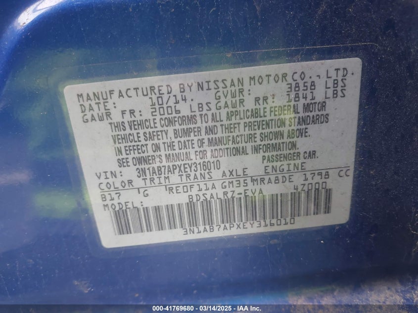 2014 NISSAN SENTRA VIN: 3N1AB7APXEY316010
