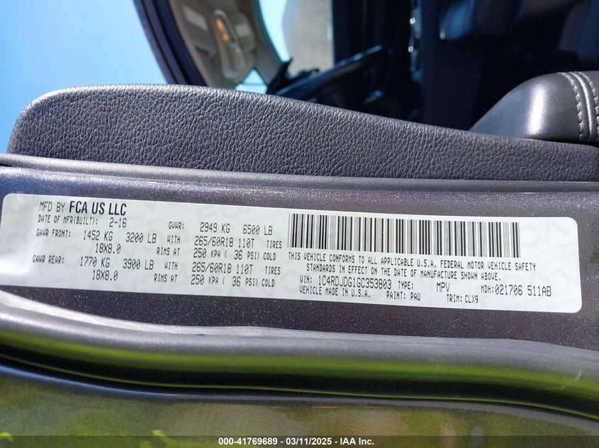 2016 DODGE DURANGO VIN: 1C4RDJDG1GC353803