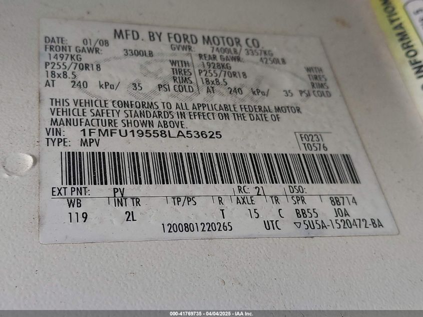 2008 Ford Expedition Limited VIN: 1FMFU19558LA53625 Lot: 41769735