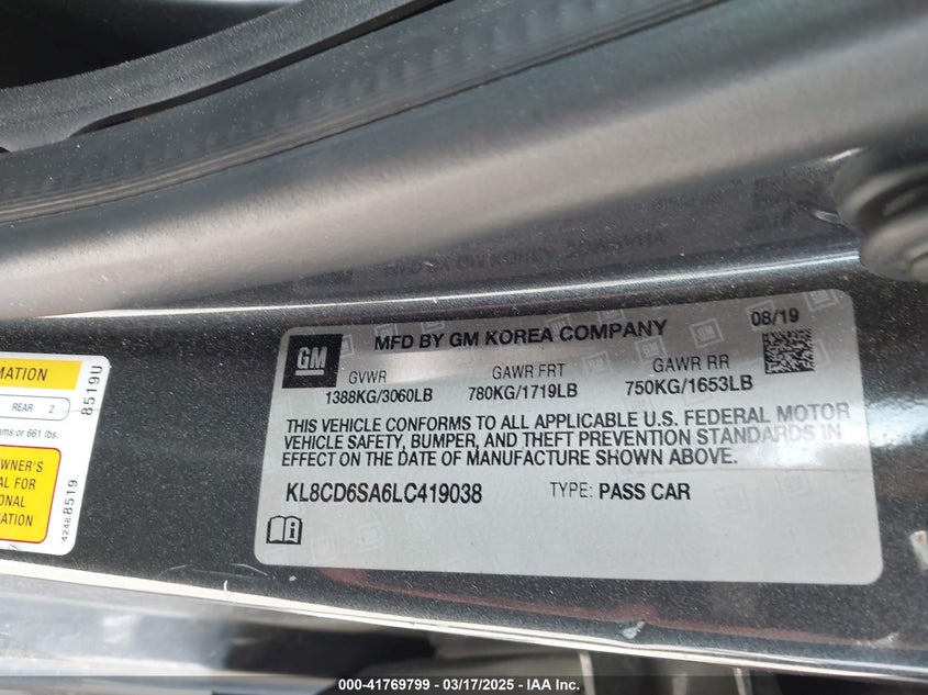 2020 CHEVROLET SPARK VIN: KL8CD6SA6LC419038