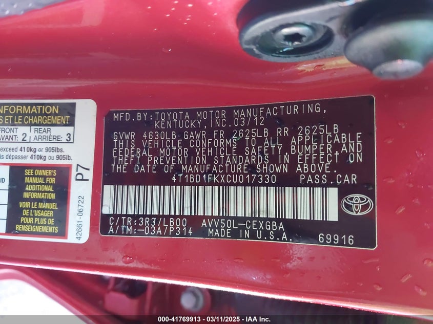 2012 Toyota Camry Hybrid Xle VIN: 4T1BD1FKXCU017330 Lot: 41769913