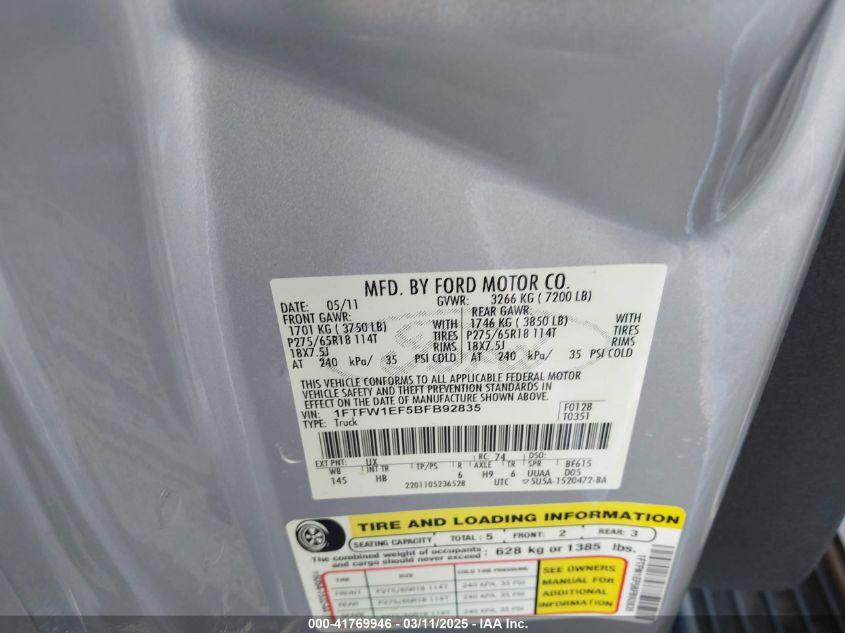 2011 Ford F-150 Lariat VIN: 1FTFW1EF5BFB92835 Lot: 41947693