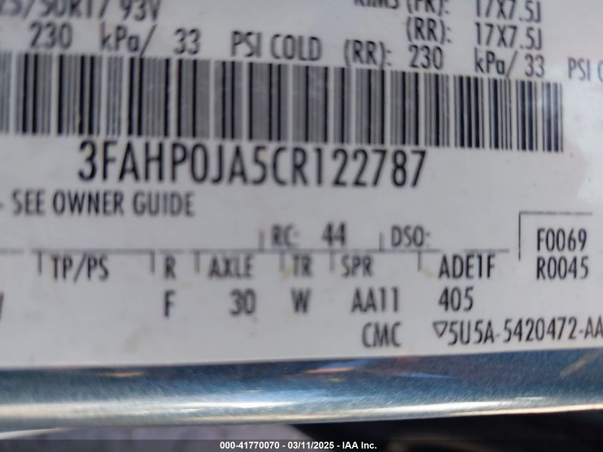 2012 Ford Fusion Sel VIN: 3FAHP0JA5CR122787 Lot: 41770070