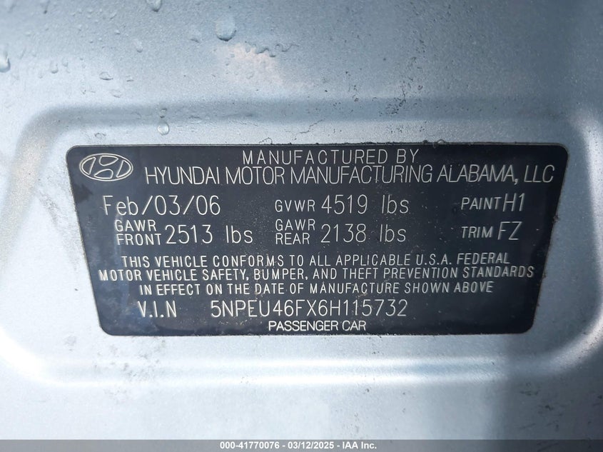 2006 HYUNDAI SONATA VIN: 5NPEU46FX6H115732