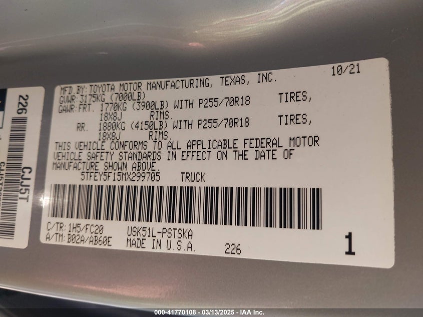 2021 TOYOTA TUNDRA SR5 - 5TFEY5F15MX299705