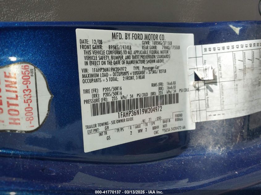 2009 Ford Focus Ses VIN: 1FAHP36N19W204972 Lot: 41770137