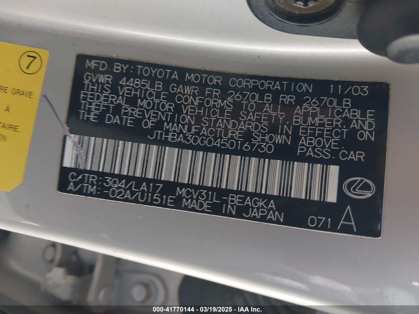 2004 Lexus Es 330 VIN: JTHBA30G045016730 Lot: 41770144