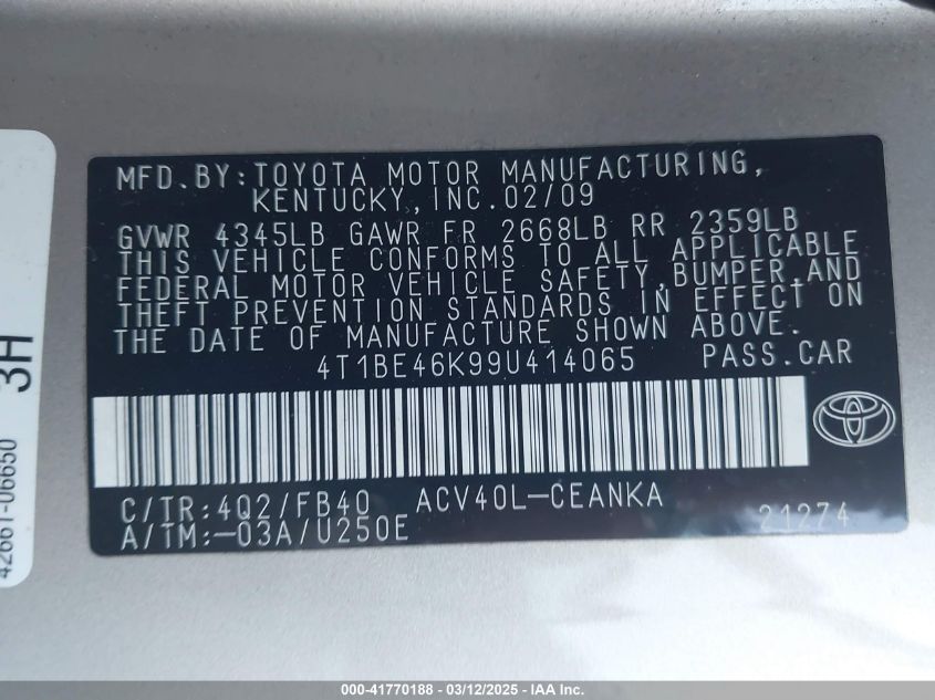 2009 Toyota Camry Le VIN: 4T1BE46K99U414065 Lot: 41770188