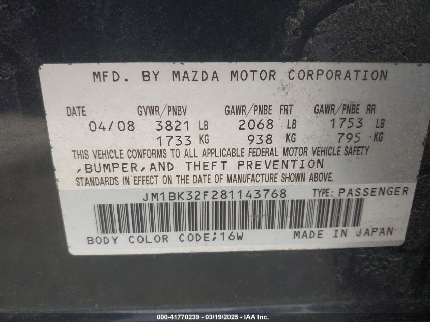 2008 Mazda Mazda3 I Touring Value VIN: JM1BK32F281143768 Lot: 41770239