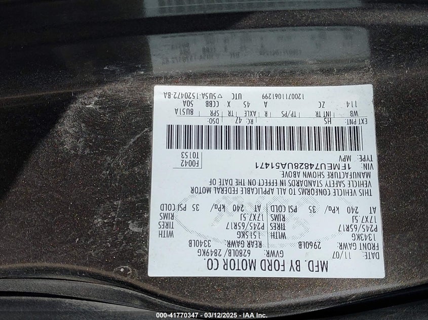 2008 FORD EXPLORER VIN: 1FMEU74828UA51471