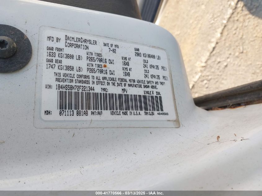 2002 Dodge Durango Slt Plus VIN: 1B4HS58N72F221344 Lot: 41770566