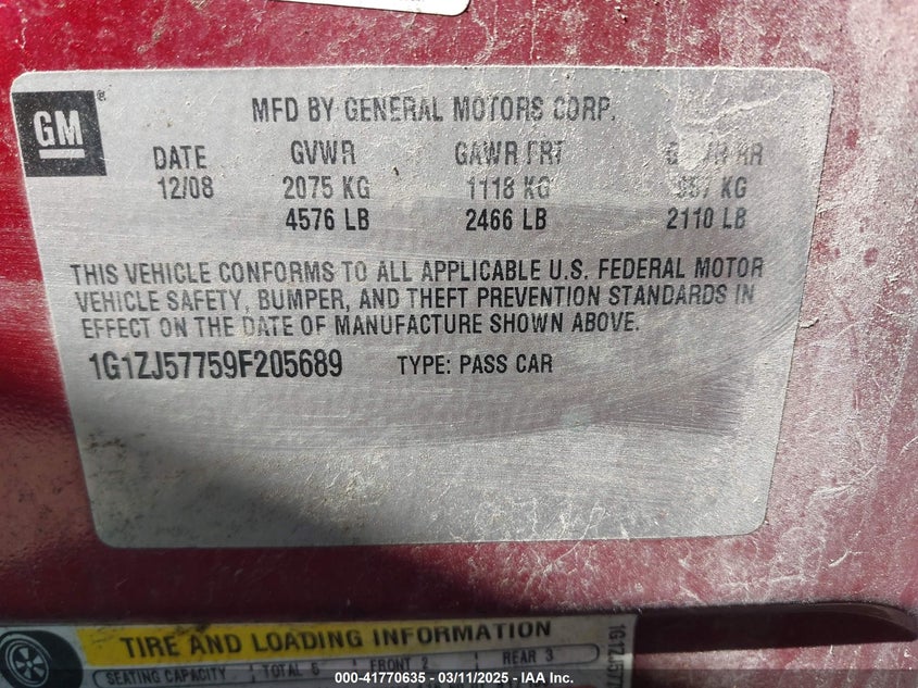 2009 CHEVROLET MALIBU VIN: 1G1ZJ57759F205689