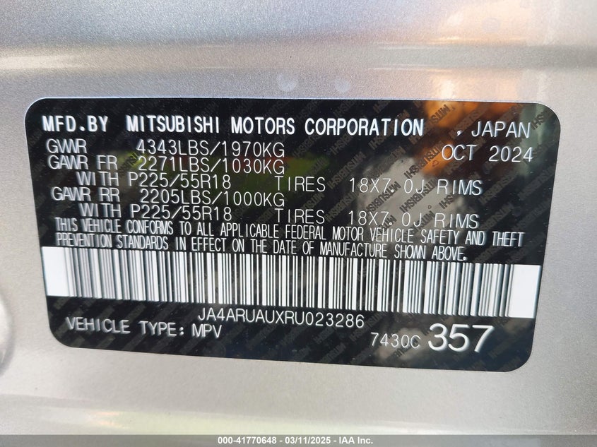 2024 Mitsubishi Outlander Sport 2.0 Es Awc/2.0 Ralliart Awc/2.0 S Awc/Es/Le/Ralliart/S/Se/Trail Edition VIN: JA4ARUAUXRU023286 Lot: 41770648