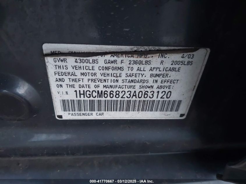 2003 Honda Accord 3.0 Ex VIN: 1HGCM66823A063120 Lot: 41770667