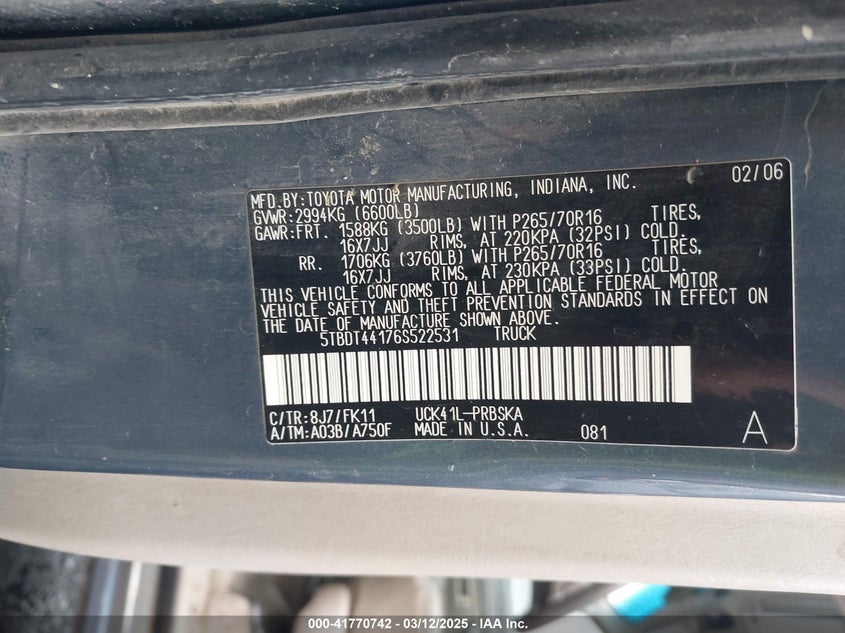 2006 TOYOTA TUNDRA VIN: 5TBDT44176S522531