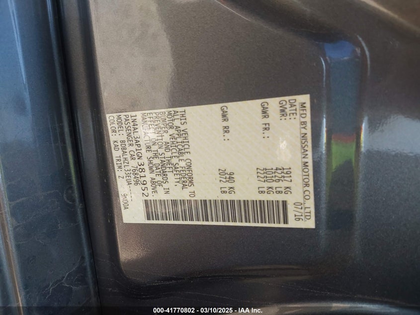 2016 NISSAN ALTIMA VIN: 1N4AL3AP1GN381952
