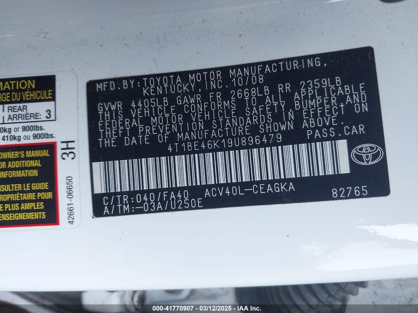2009 TOYO CAMRY XLE AUTOMATIC VIN: 4T1BE46K19U896479