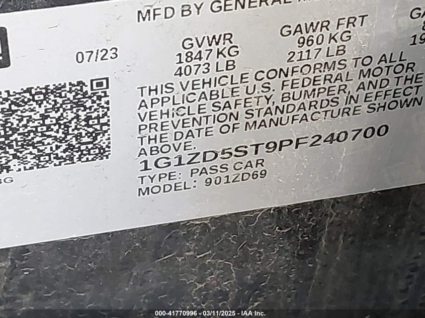 2023 CHEVROLET MALIBU VIN: 1G1ZD5ST9PF240700