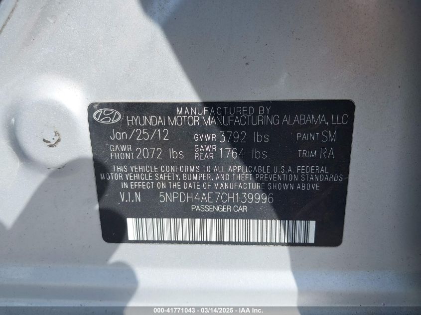 2012 Hyundai Elantra Gls VIN: 5NPDH4AE7CH139996 Lot: 41771043