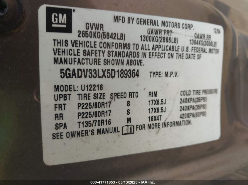 2005 Buick Terraza Cxl VIN: 5GADV33LX5D189364 Lot: 41771053