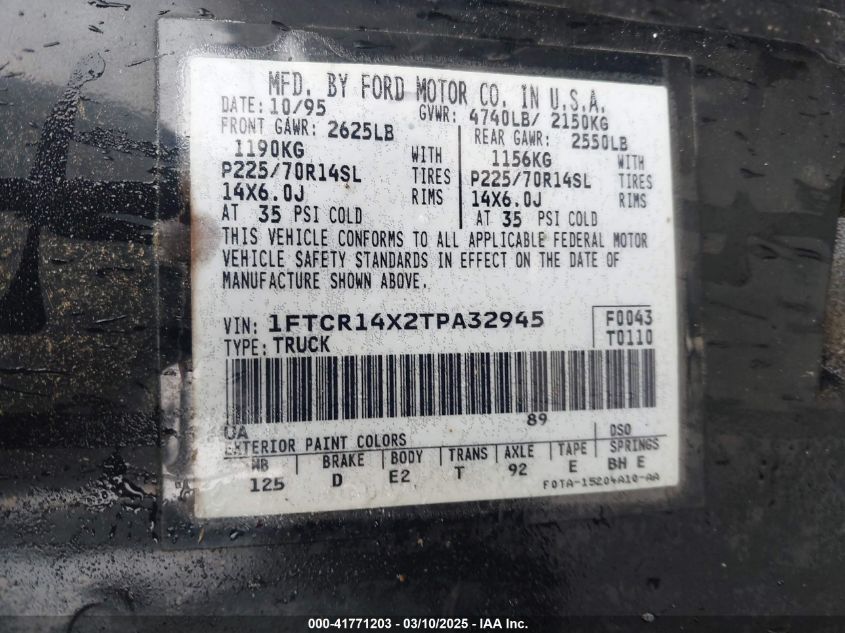 1996 Ford Ranger Super Cab VIN: 1FTCR14X2TPA32945 Lot: 41771203