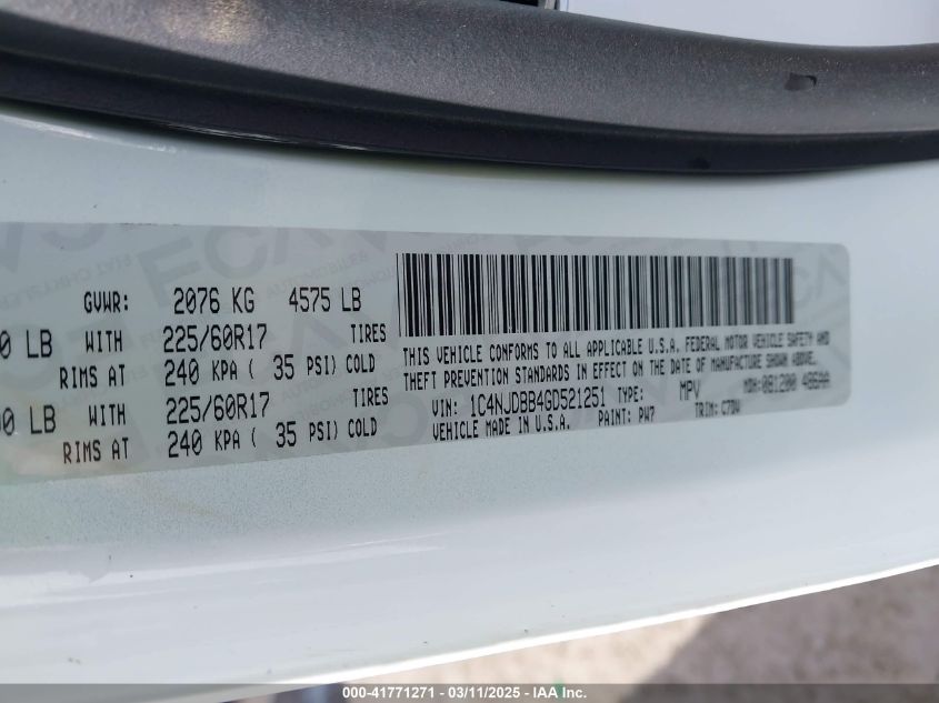 2016 Jeep Compass Sport VIN: 1C4NJDBB4GD521251 Lot: 41771271