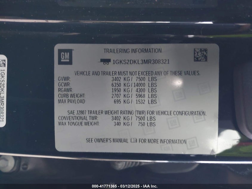 2021 GMC YUKON VIN: 1GKS2DKL3MR308321
