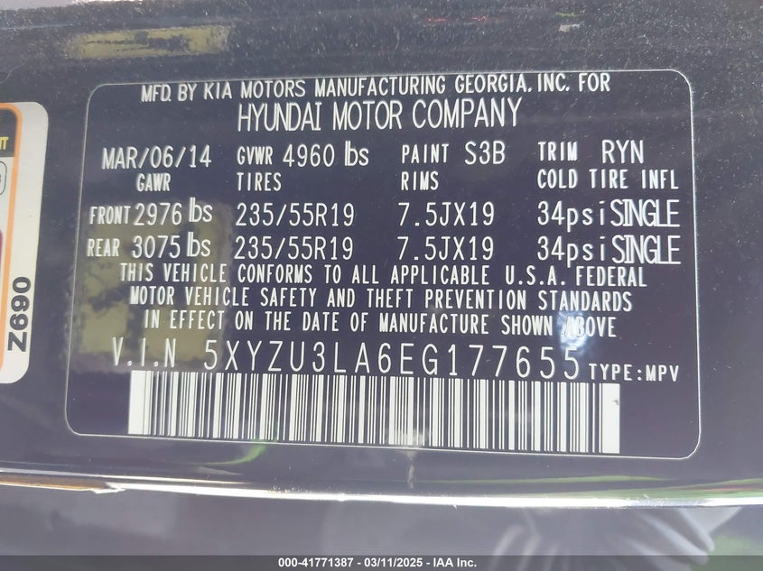 2014 HYUNDAI SANTA FE VIN: 5XYZU3LA6EG177655