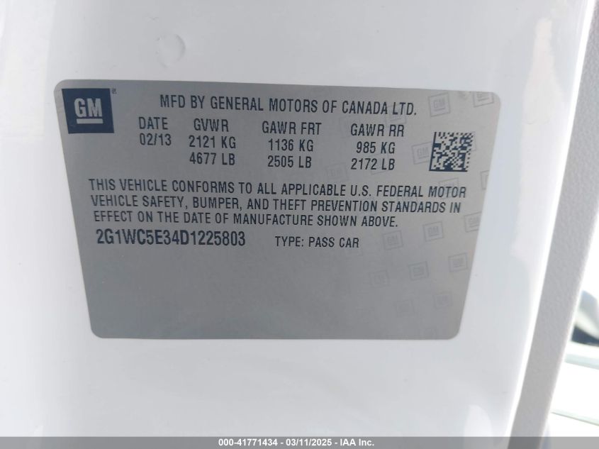 2013 Chevrolet Impala Ltz VIN: 2G1WC5E34D1225803 Lot: 41771434