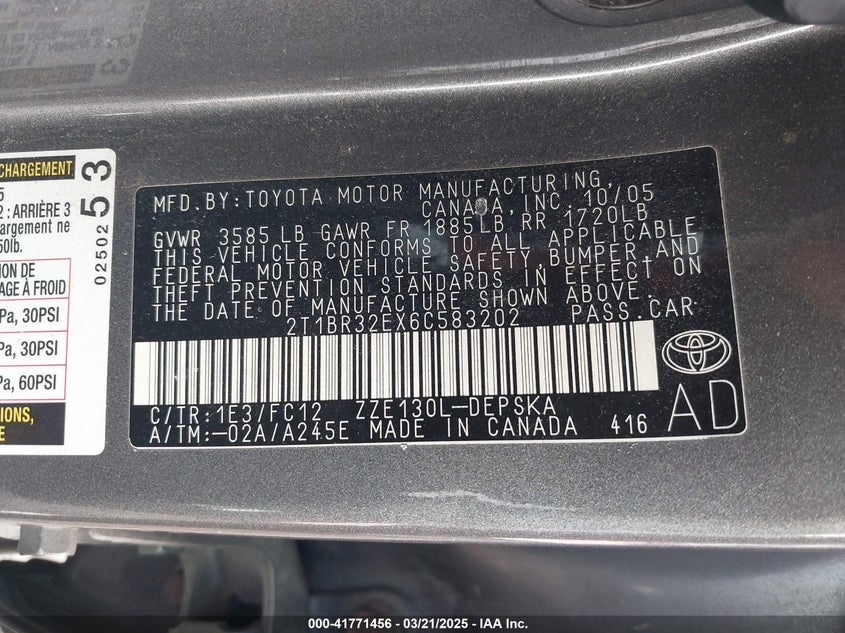 2006 TOYOTA COROLLA VIN: 2T1BR32EX6C583202
