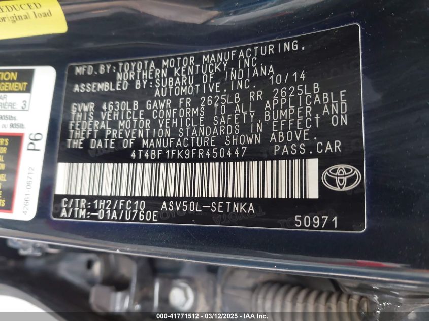 2015 Toyota Camry Le VIN: 4T4BF1FK9FR450447 Lot: 41771512