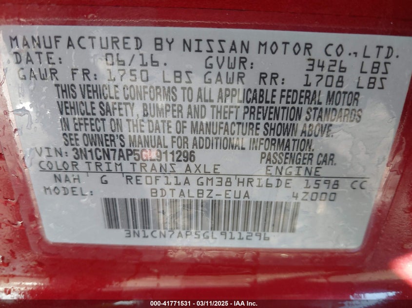 2016 NISSAN VERSA 1.6 SV - 3N1CN7AP5GL911296