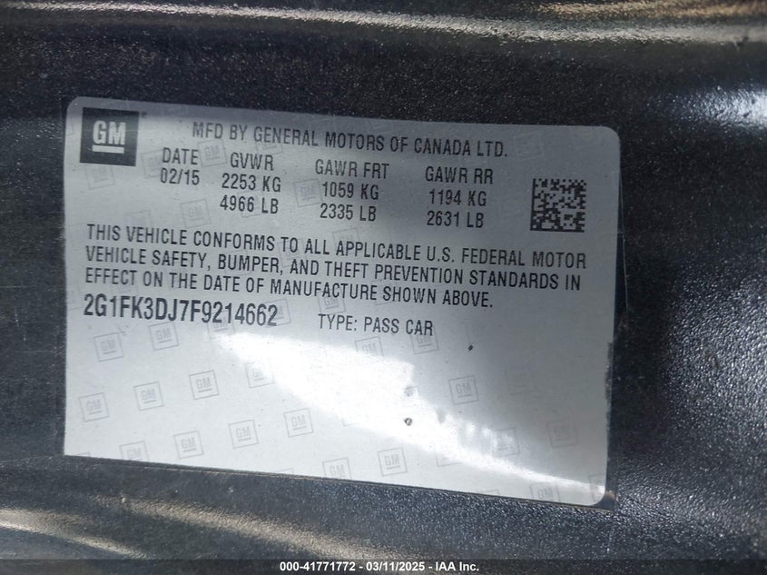 2015 CHEVROLET CAMARO VIN: 2G1FK3DJ7F9214662