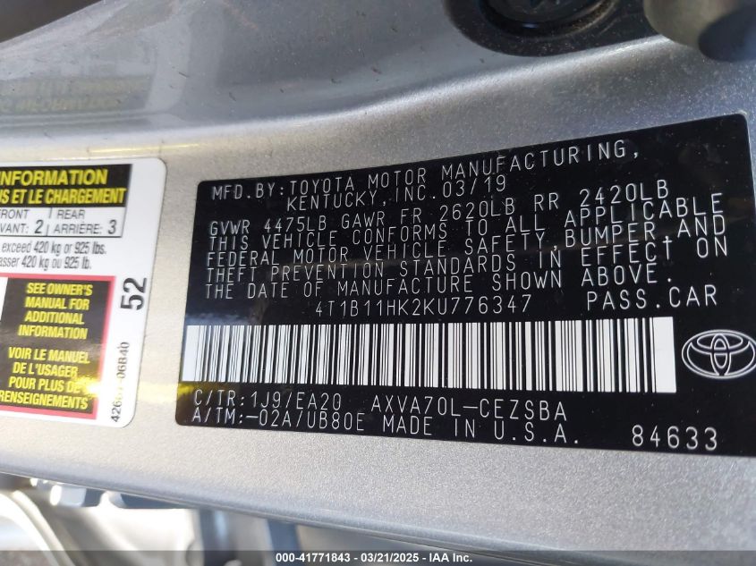 2019 Toyota Camry L/Le/Se/Xle VIN: 4T1B11HK2K4776347 Lot: 41771843
