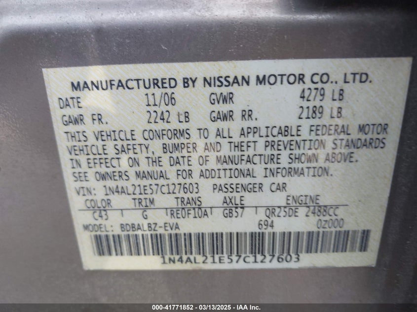 2007 NISSAN ALTIMA VIN: 1N4AL21E57C127603