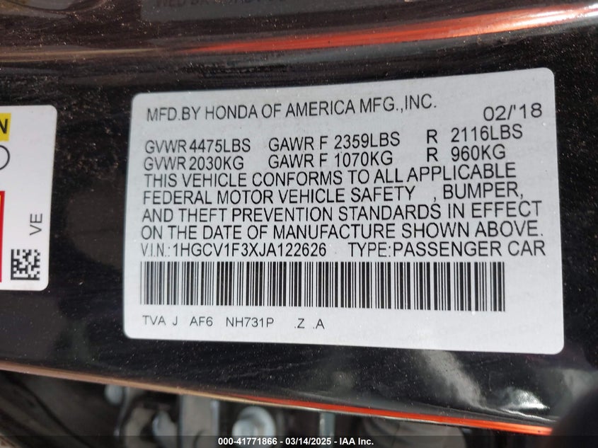 2018 HONDA ACCORD VIN: 1HGCV1F3XJA122626