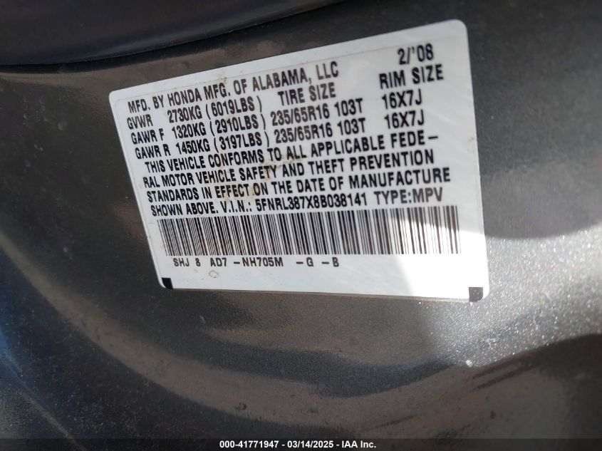 2008 Honda Odyssey Ex-L VIN: 5FNRL387X8B038141 Lot: 41771947