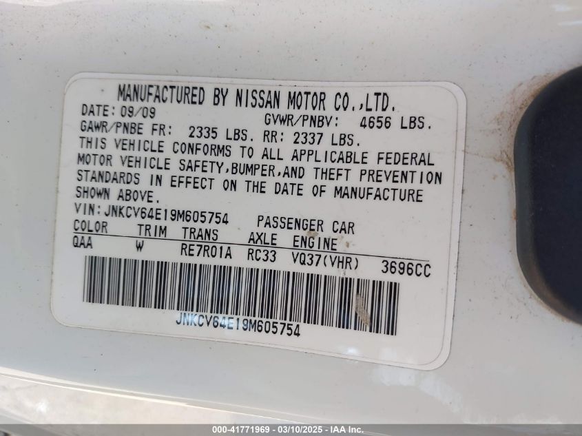 2009 Infiniti G37 Journey VIN: JNKCV64E19M605754 Lot: 41771969