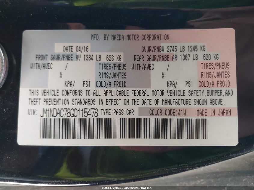 2016 Mazda Mx-5 Miata Club VIN: JM1NDAC78G0115478 Lot: 41772075