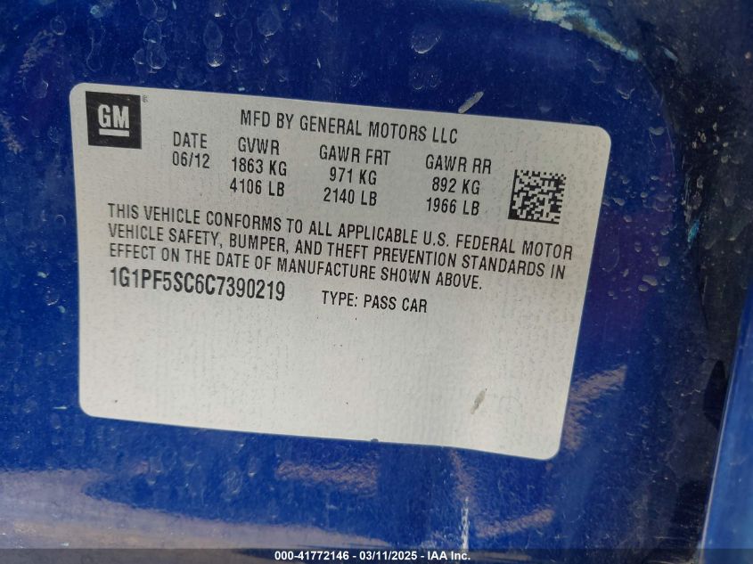 2012 Chevrolet Cruze 1Lt VIN: 1G1PF5SC6C7390219 Lot: 41772146