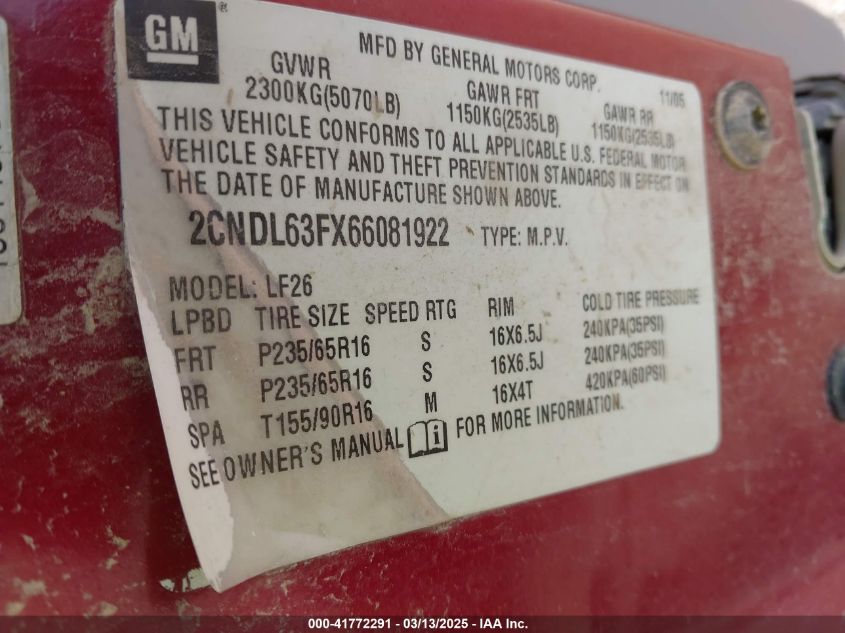 2006 Chevrolet Equinox Lt VIN: 2CNDL63FX66081922 Lot: 41772291