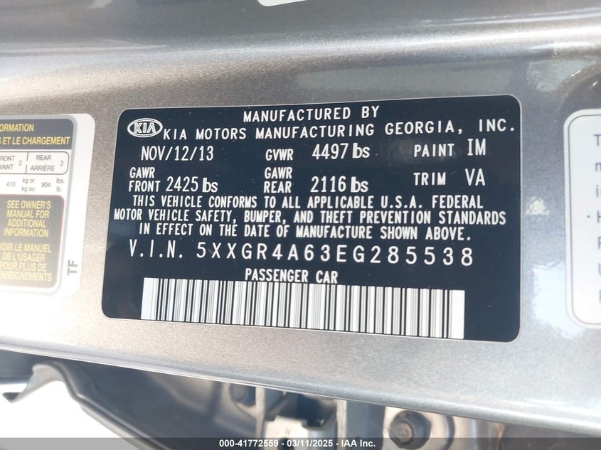 2014 KIA OPTIMA VIN: 5XXGR4A63EG285538