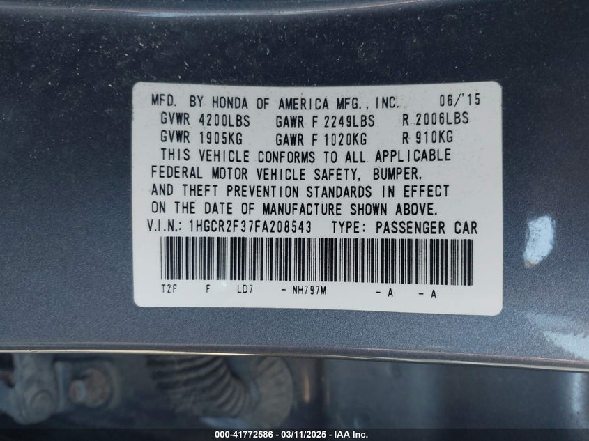 2015 HONDA ACCORD VIN: 1HGCR2F37FA208543