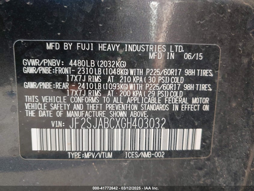 2016 SUBARU FORESTER 2.5I - JF2SJABCXGH403032